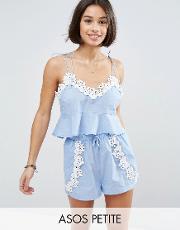 chambray pretty beach cami top co ord with crochet trim