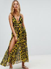 Cheetah Print Plunge Chiffon Maxi Beach Dress