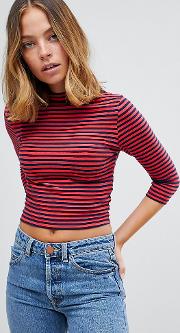 crop crew neck t shirt with long sleeve in stripe