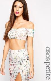 exclusive bardot crop top in white floral   print