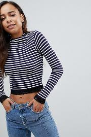 high neck polo in stripe with lace trim