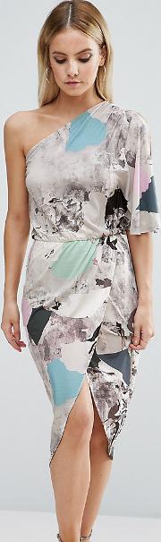 Midi Drape Dress In Blurred Marble Print