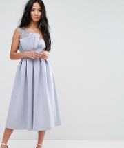 Premium One Shoulder Lace Scuba Midi Prom Dress