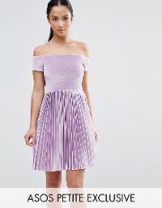 velvet off shoulder dress with pleated skirt