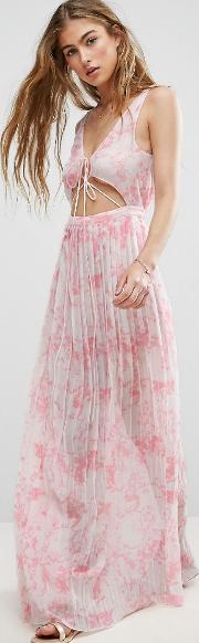 pleated marble beach maxi dress with strapping detail pink