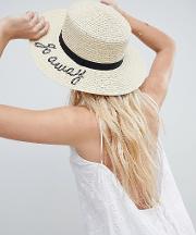 straw boater with go away slogan and size adjuster