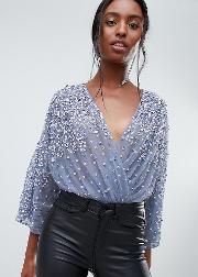 asos design tall body in embellishment with plunge and batwing detail  blue