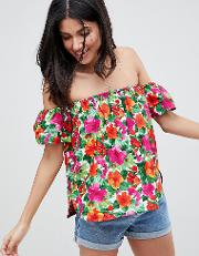 asos design tall cotton off shoulder top in tropical floral