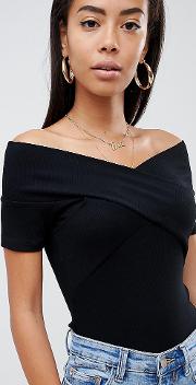asos design tall off shoulder fitted top in black