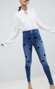 asos design tall ridley high waist skinny jeans  dark stone wash with large flock spots