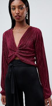 asos design tall wrap top with plunge twist front in plisse  long sleeve