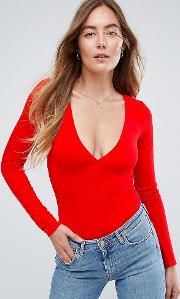 body with plunge neck long sleeve and thong
