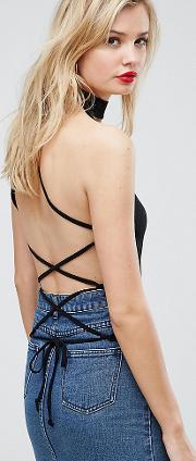 halter top with choker neck & strappy lace up back