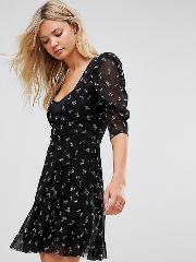 Mini Mesh Wrap Dress With Floral Ditsy Print