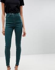 ridley high waist skinny jean with front seam detail and extended button tab  dark forest green