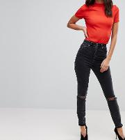 super high rise firm skinny jeans with busted knees  washed black