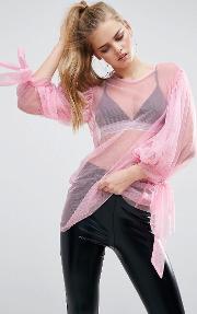 top in mesh with bow sleeves pink