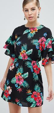 3/4 Sleeve Tropical Print Dress