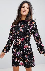long sleeve floral shift dress with frill detail