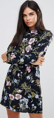 Long Sleeve Shift Dress With Frill Detail In Floral Print