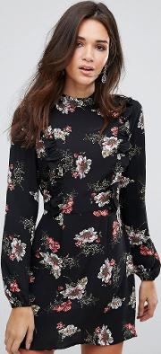 long sleeve shift dress with frill detail in floral print