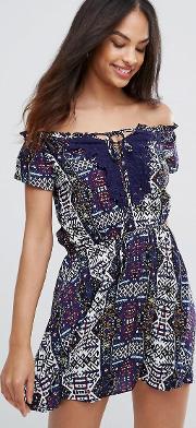 navy printed dress with lace detail