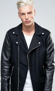Wool Biker Jacket With Leather Sleeves