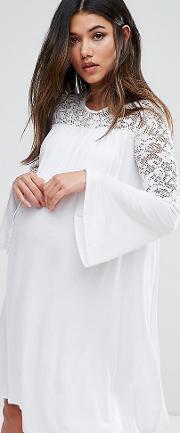 Lace Insert Smock Dress With Fluted Sleeve