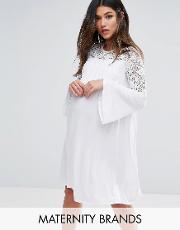 lace insert smock dress with fluted sleeve