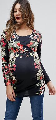 wrap front fitted jersey top in floral