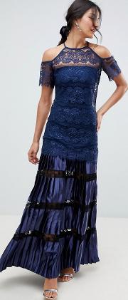 bodyfrock cold shoulder lace maxi dress with pleated skirt