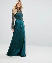 bodyfrock lace long sleeve maxi dress with satin skirt