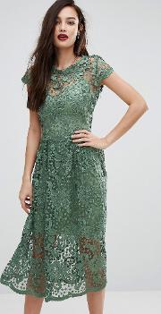 bodyfrock lace midi skater dress with cap sleeve green