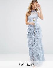 bodyfrock pleated lace maxi dress with tiers dusty blue