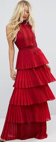 bodyfrock tiered pleated maxi dress with lace bodice and  belt