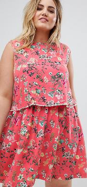 celeste double layer floral dress with pom  trim