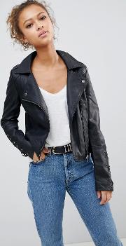 pu biker jacket with lace up sleeve detail
