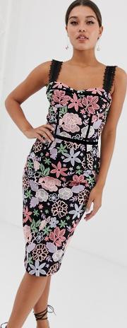 Bronx & Banco Camille Floral Embroidered Pencil Dress