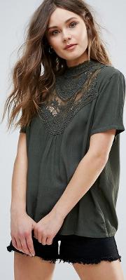 short sleeve high neck top with lace yoke