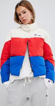 padded jacket with embroidered chest logo in colour block