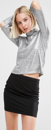 metallic high neck top with sleeve cut out detail
