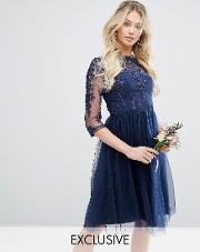 bardot neck midi dress with premium lace and tulle skirt