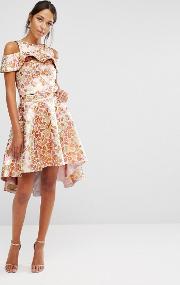 chi  high low skirt co ord in rose gold jacquard