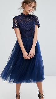 high neck lace midi dress with tulle skirt