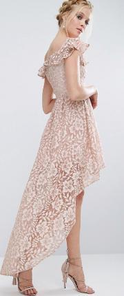 lace asymmetric off the shoulder dress with frill details mink