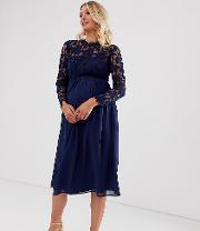 Crochet Lace Midi Dress With Chiffon Skirt