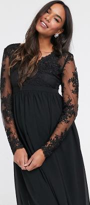 Lace Midi Dress With Sheer Sleeves