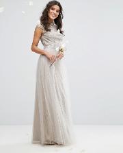premium lace maxi dress with tulle skirt and cap sleeve