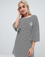 flared sleeve striped  shirt dress with embroidery