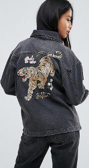 tiger embroidery oversized denim jacket